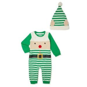 Holiday Elf Baby Romper Onesie with Matching Hat 0-3 Months